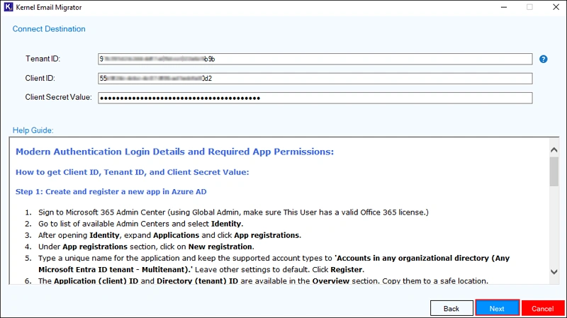 Enter Tenant ID, Client ID and Client Secret Value