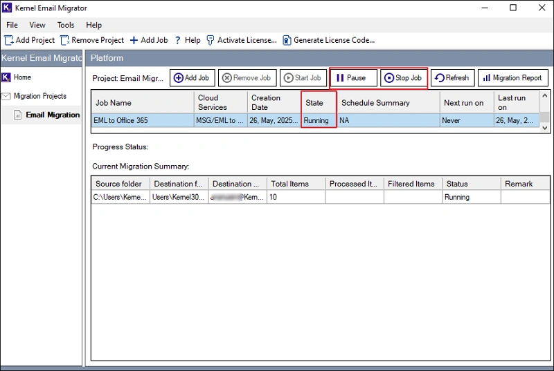 EML to Office 365 migration will start