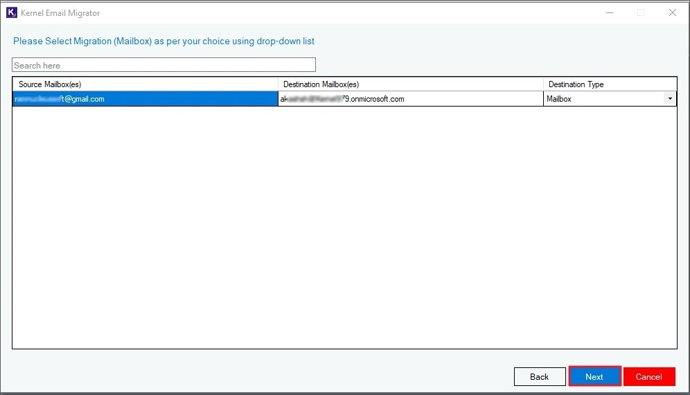 Select the destination mailbox
