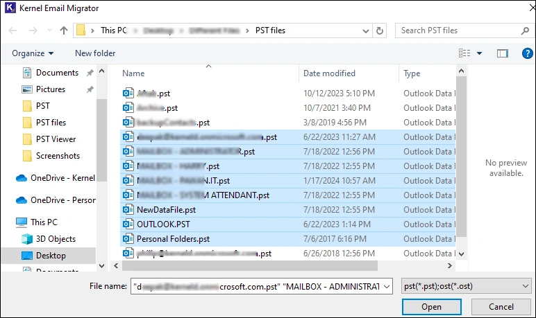 select pst files
