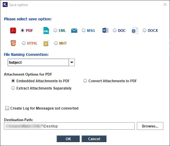 Select the saving file format- PDF, EML, MSG, DOC, DOCX, HTML, or MHT