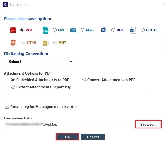Click on Browse to select the destination to save the converted PDF file