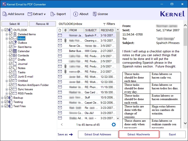 Select the files you want and click on Extract Attachments