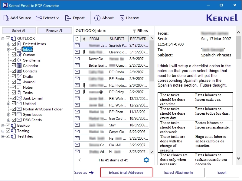 Select the files you want and click on extract email addresses