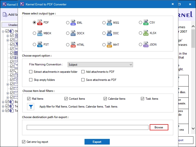 Click on browse in the choose destination path for export