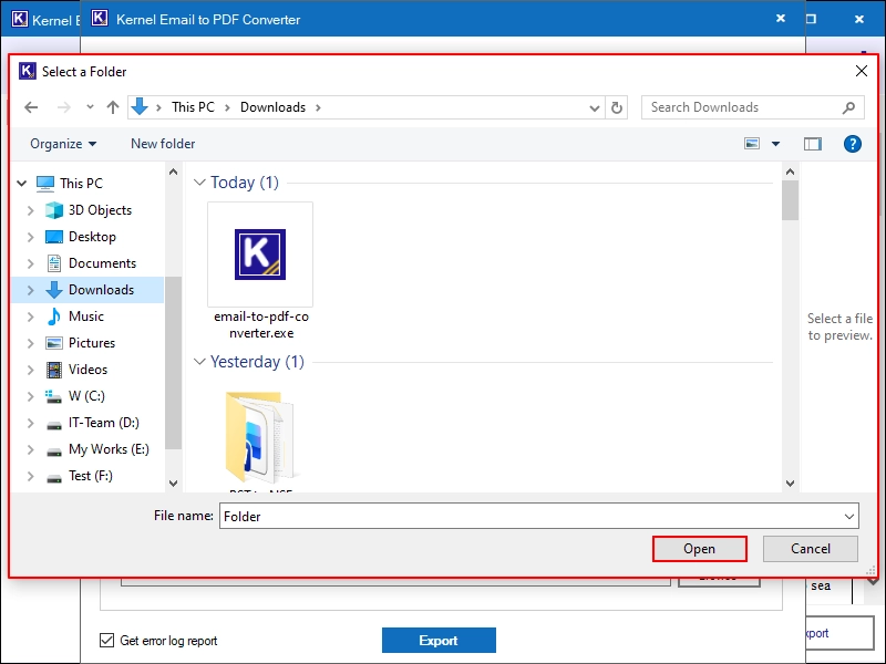 Select a saving location and click on open