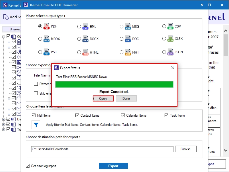 Click on open after export completion process