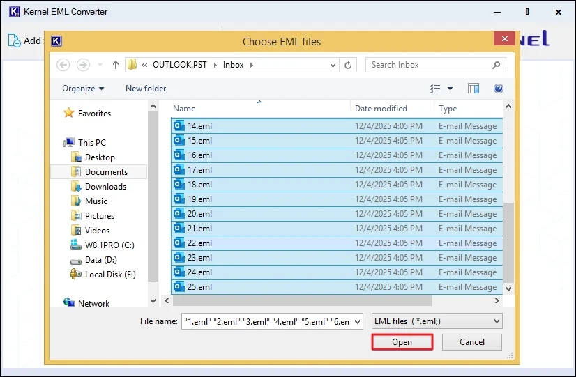 Add EML files across your PC