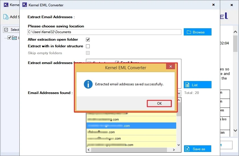 save all email addresses at the preferred location