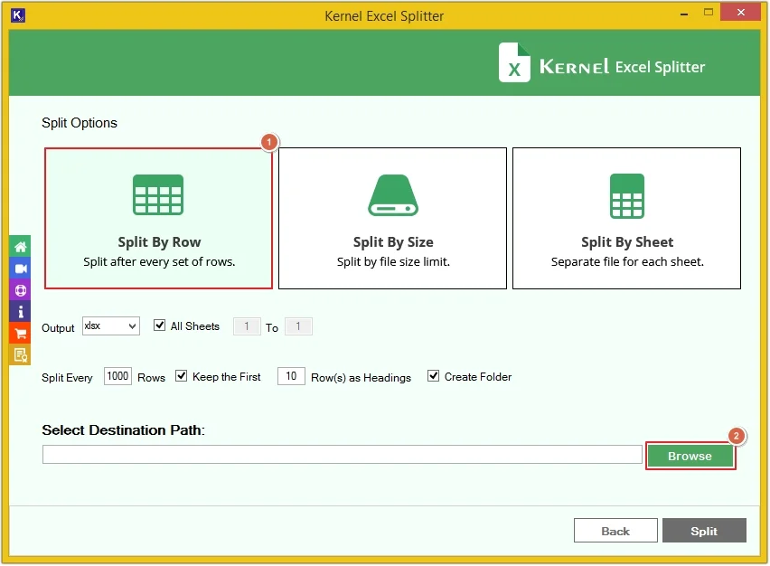 Select split by row apply filters anclick browse