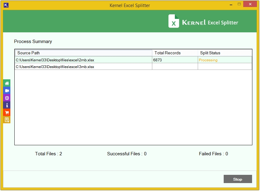 Excel split process starts