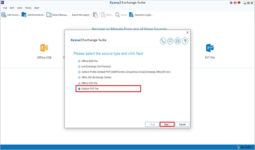 choose the Outlook PST file as the source