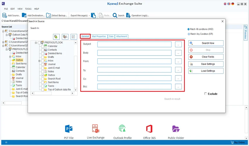 you’ll get multiple search criteria to find specific mail items of PST files