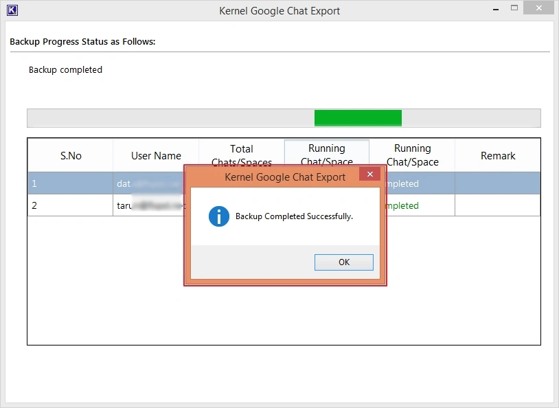 Check message in pop up once the Backup completed successfully 