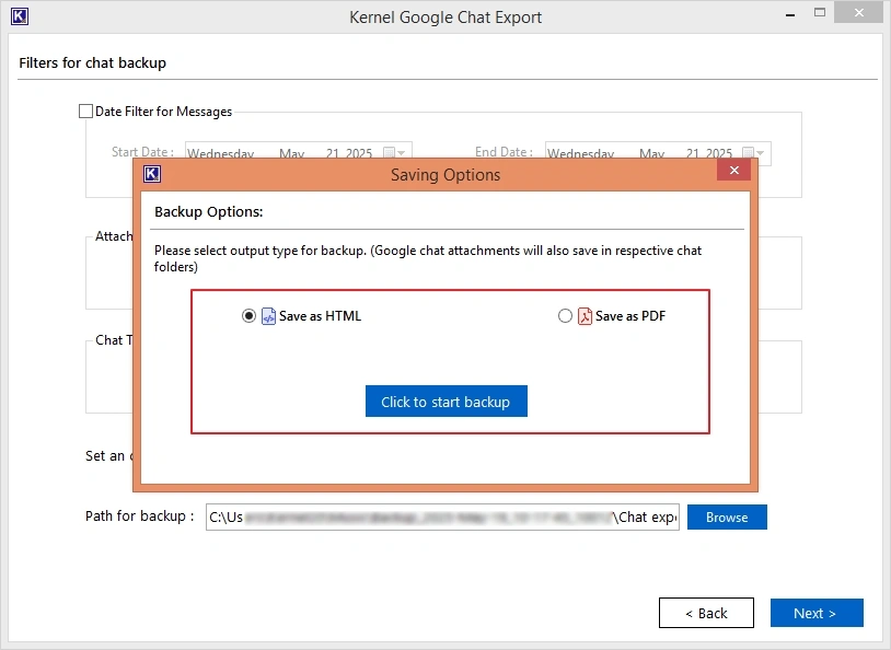 Select file format to save the chat