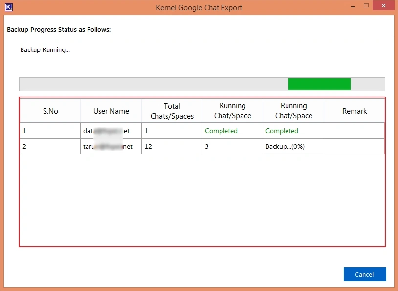 Tool will begin the process to export Google Chat