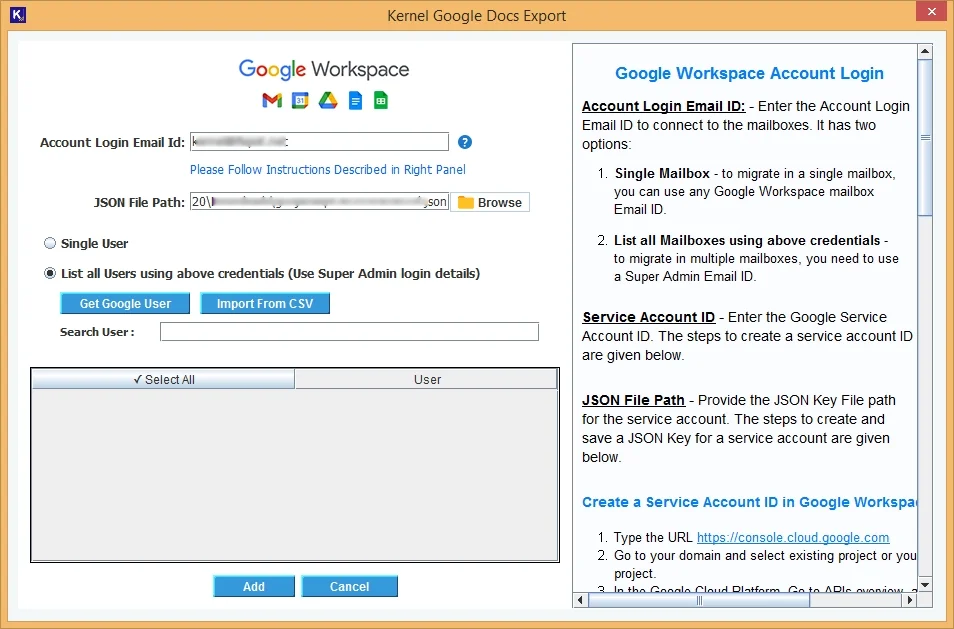 Add Google account credentials