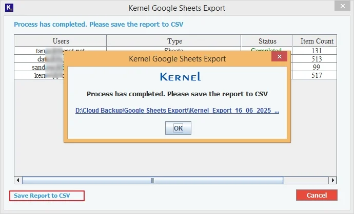 After the completion, save the report to a CSV file