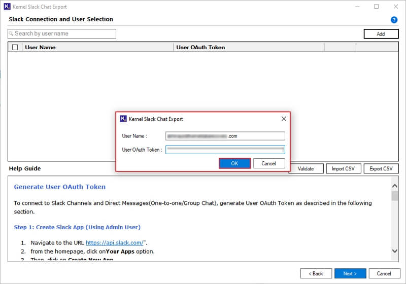 Enter User Name and User OAuth Token