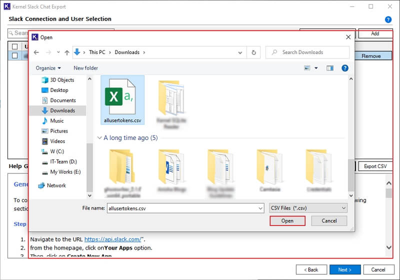 Select the CSV file from the local computer and click Open.