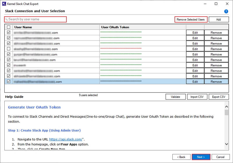 The software will show all the User Names with User OAuth tokens