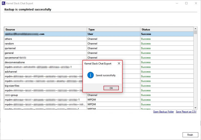 Saved successfully message after exporting the CSV file