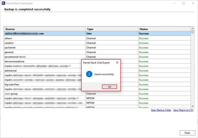Saved successfully message after exporting the CSV file