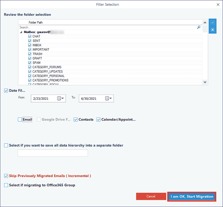 Apply the important filters to choose import G Suite data