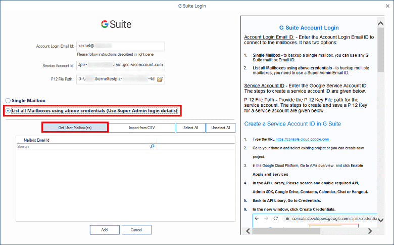 Input the Super G Suite Administrator account details