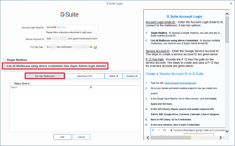 Choose the second option to list all mailboxes using the given credential