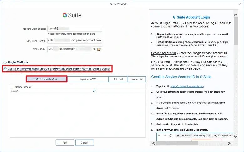 Choose the second option to list all mailboxes using the given credential