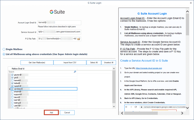 Select the important G Suite accounts and click Add
