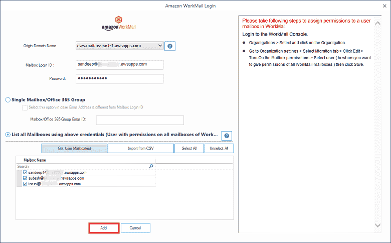 Select multiple WorkMail accounts