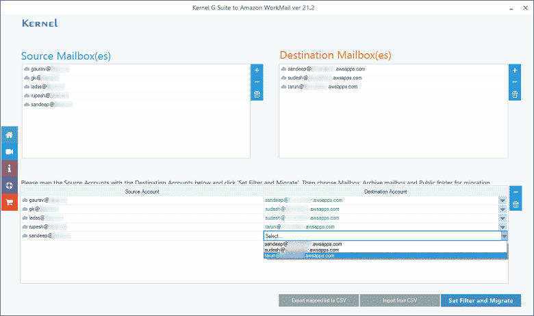 Map the source and destination accounts using the drop-down list