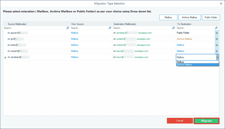 Migrate data between mailbox, archive mailbox, or public folder