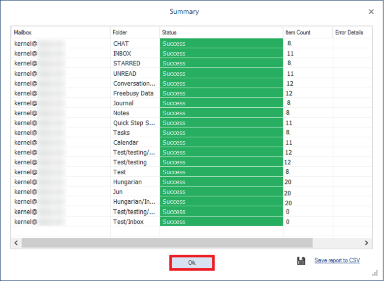 Save the report in a CSV file and click Ok to finalize the migration