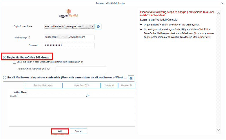 Input Amazon WorkMail credentials as the destination