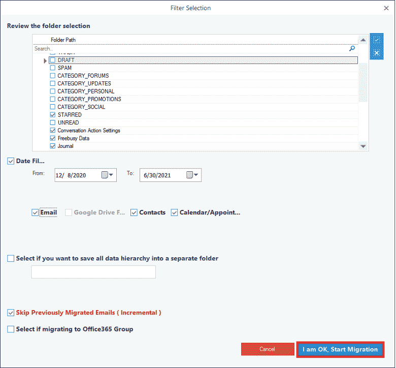 Select the important content of the G Suite mailbox