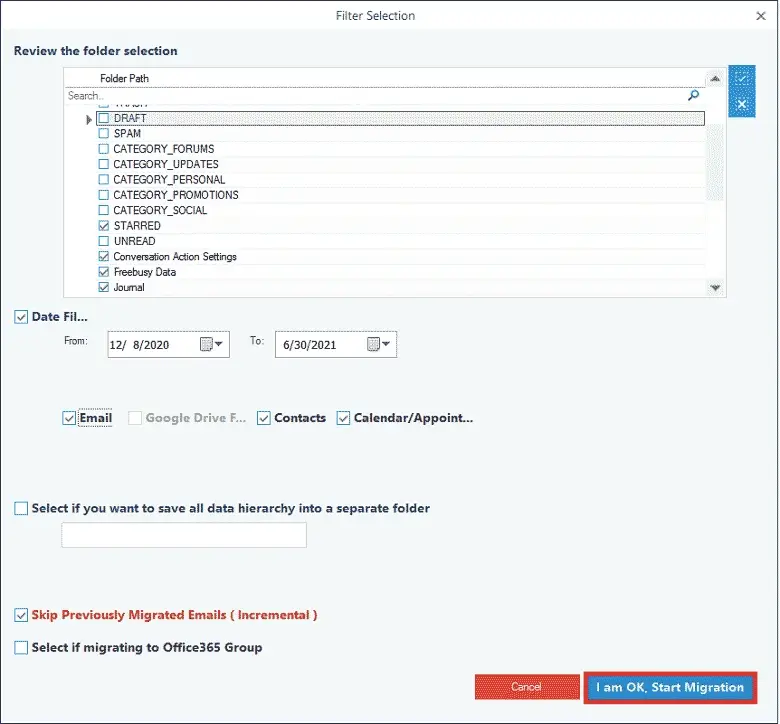 Select the important content of the G Suite mailbox