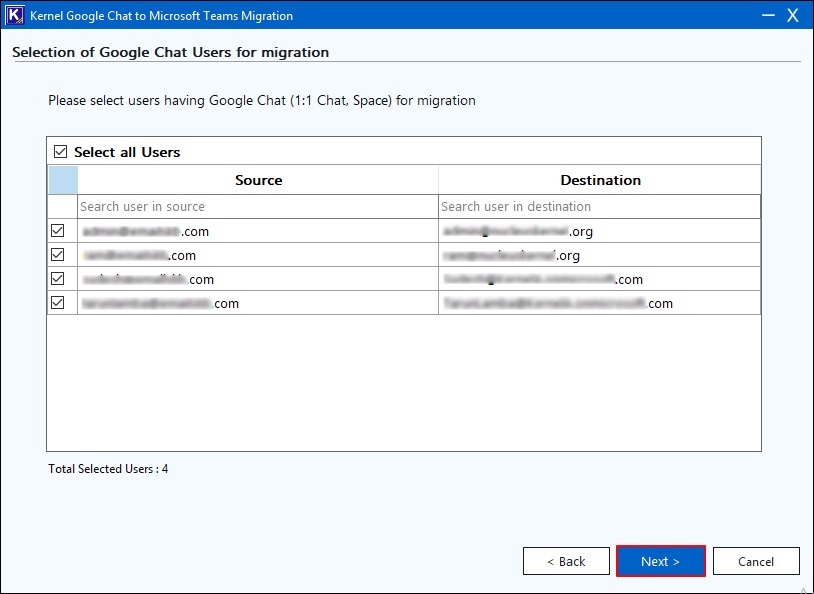 Select Google Chat Users for migration