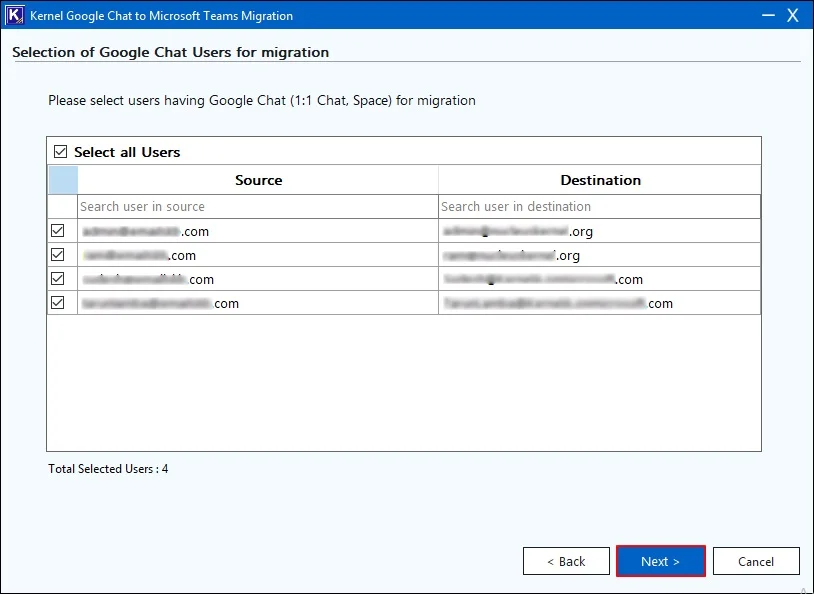 Select Google Chat Users for migration