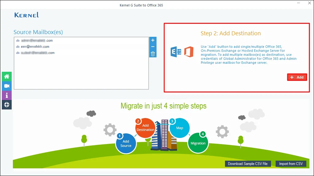 Map Office 365 account in Add Destination pane