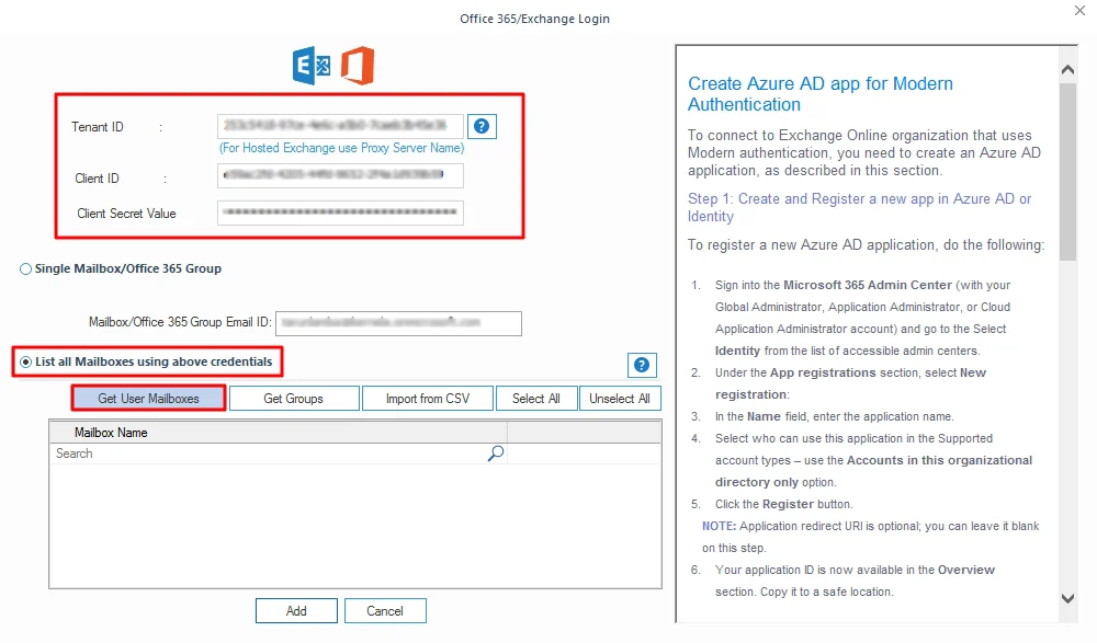 Enter Office 365/Exchange account detail