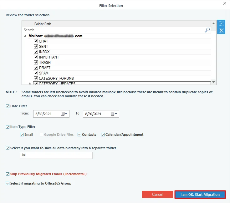 Select filter to start migration