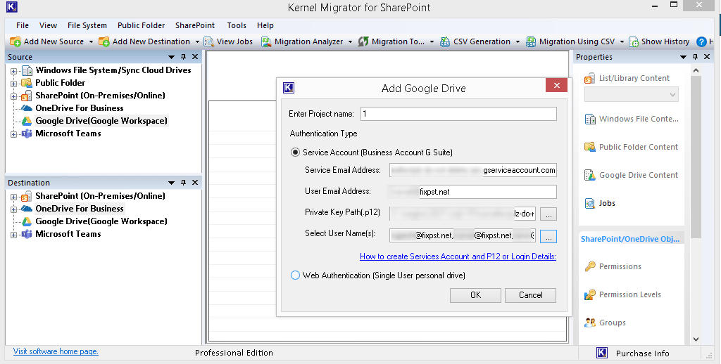 Adding the details of the source OneDrive for Business account