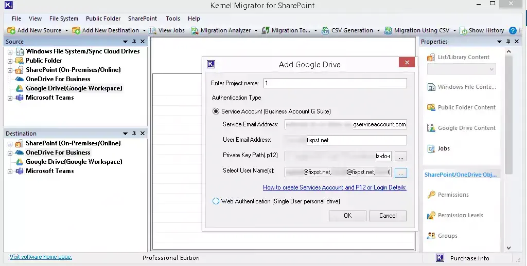 Adding the details of the source OneDrive for Business account
