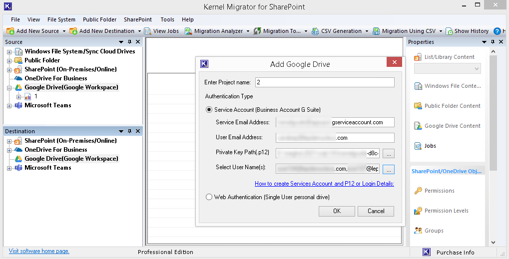 Providing the sign-in details for the destination OneDrive for Business account