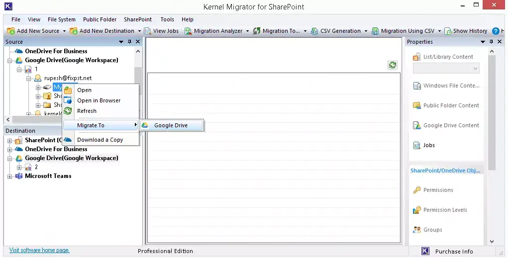 Copying the source OneDrive for Business account to the destination OneDrive for Business