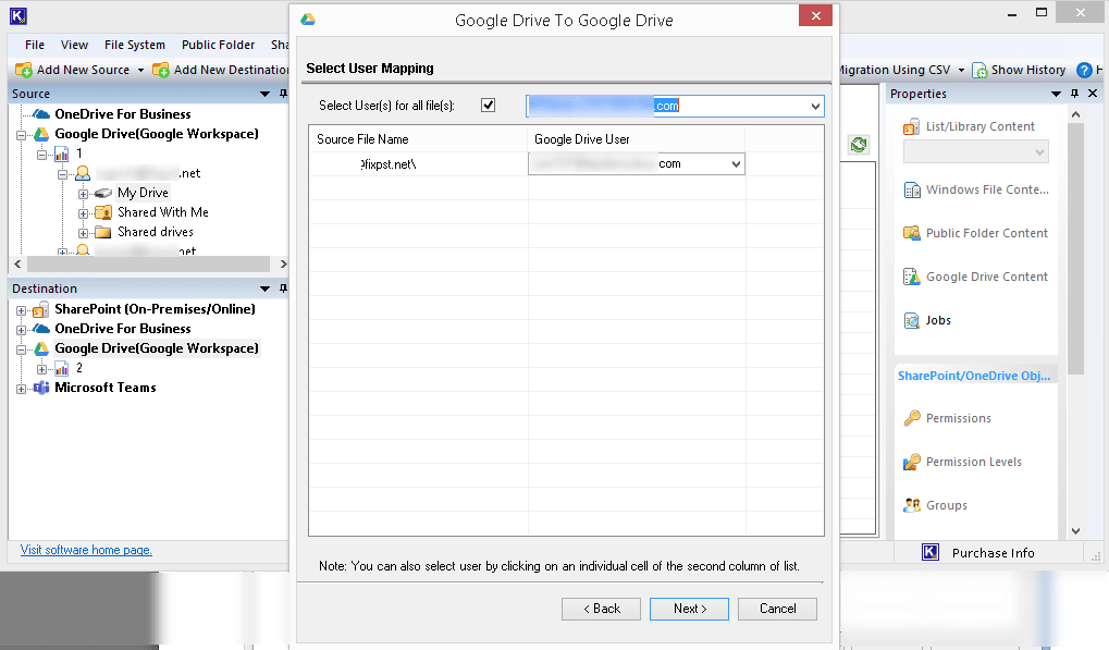 Mapping source user accounts to the destination user accounts