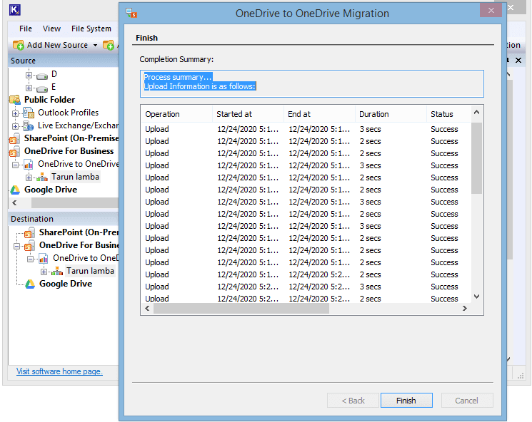 Displaying Success status for the OneDrive migration.